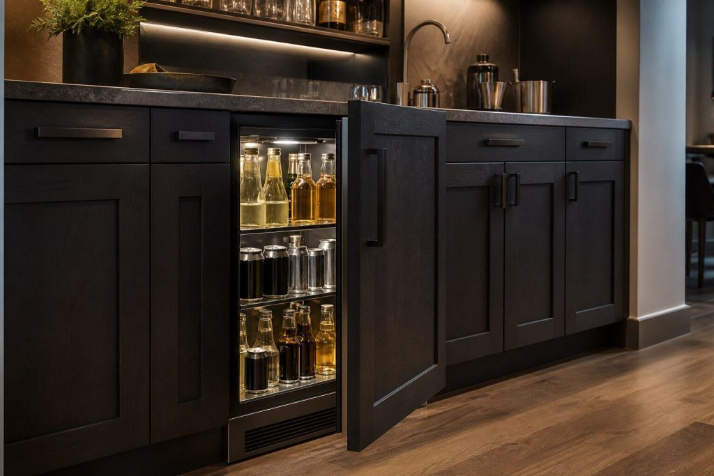 A 24-inch undercounter beverage cabinet built into a dark bar run, door slightly open, showing glass shelves with unlabeled bottles and cans.