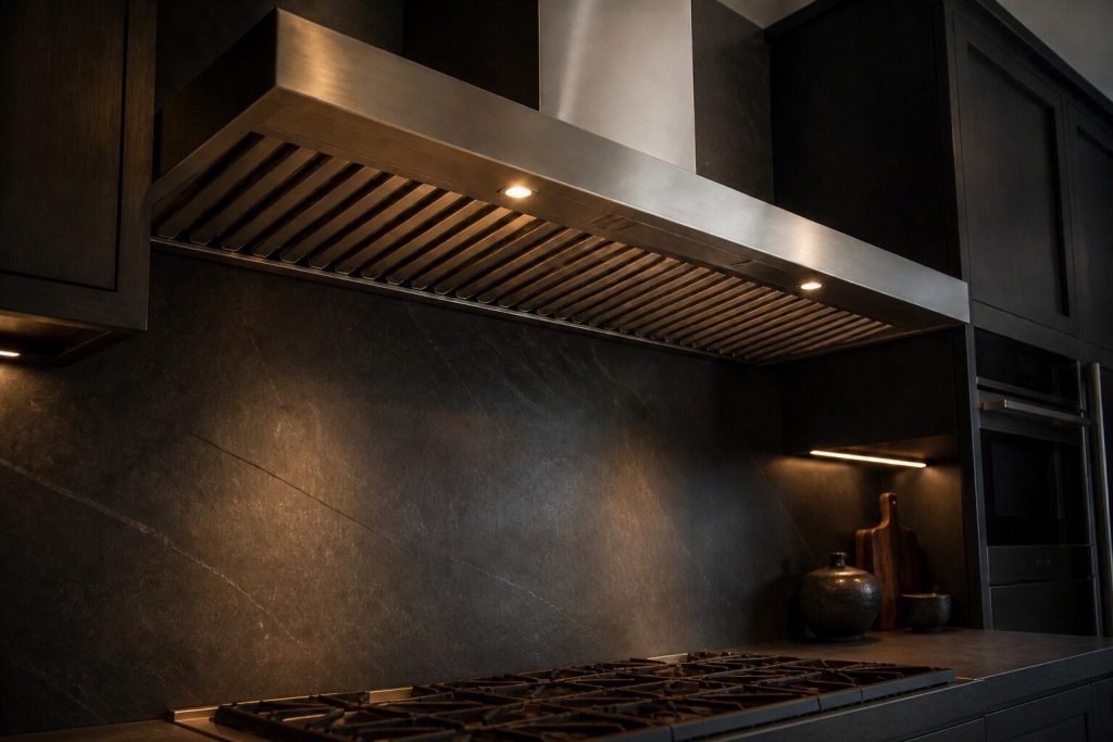 A wide chimney extractor hood in brushed steel above a professional range in a dark kitchen, seen from below and to one side so the baffle filters are visible underneath.