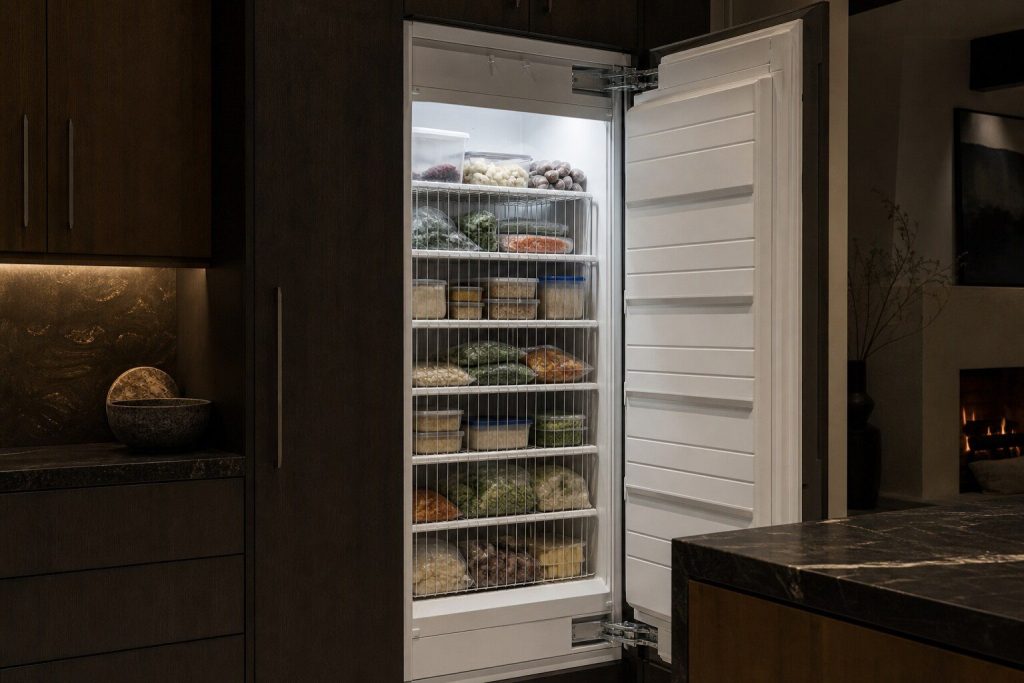 A tall integrated freezer column standing open in a dark kitchen, showing stacked wire baskets of frozen food and pale cold light spilling out against the warm room.