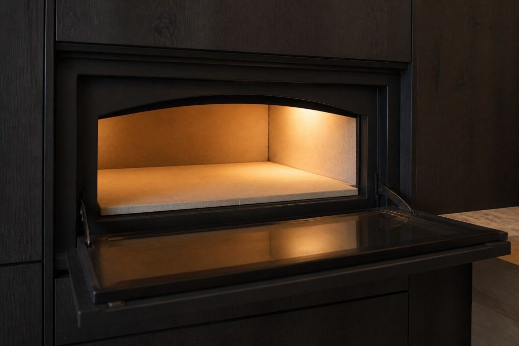 A built-in indoor hearth oven set into dark cabinetry with its door open, a pale stone floor inside glowing warm from within.