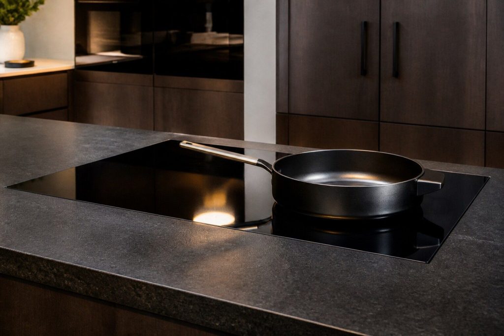 A wide induction cooktop set flush into a dark stone worktop, black glass reflecting a warm ceiling light, one heavy flat-bottomed pan standing on it.