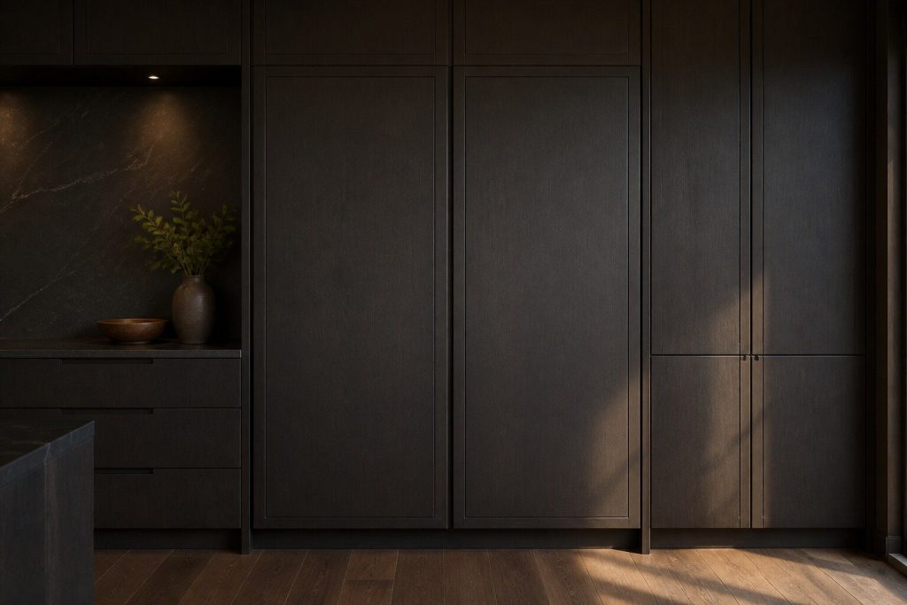 Two tall panel-ready integrated refrigeration columns side by side in a dark kitchen, floor to ceiling, flush with the cabinetry either side so nothing marks them out as appliances.