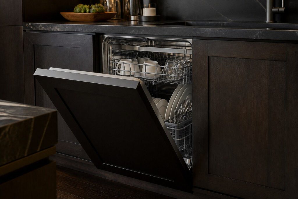 A fully integrated dishwasher in a dark kitchen with its door standing open at forty-five degrees, showing a stainless tub and loaded racks, the top edge of the door facing upward toward the camera.