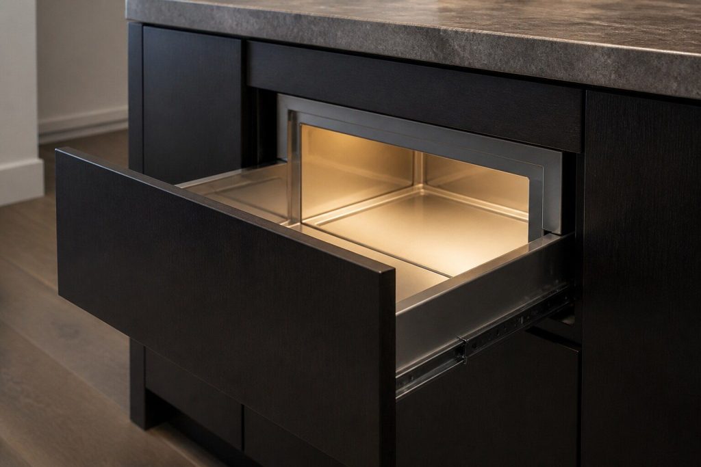 A microwave drawer built into a dark kitchen island, the drawer open and empty, the cavity lit softly from inside.