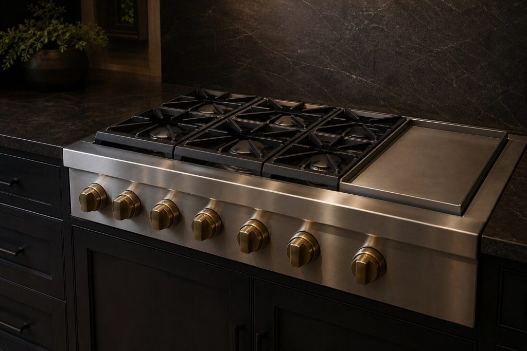 A 48-inch professional stainless range in a dark kitchen with six burners on the left and a smooth griddle plate on the right, heavy brass-toned knobs along the front.