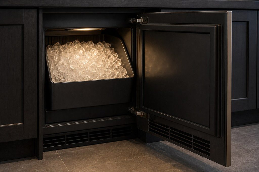 A 15-inch undercounter ice machine set into a dark bar run with its door open, showing a bin of clear ice cubes lit from above.