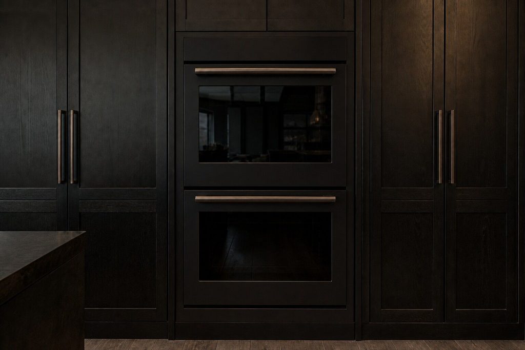 A double wall oven stack built into a run of dark tall cabinetry, both doors closed, heavy handles catching warm light, the glass reflecting the room.