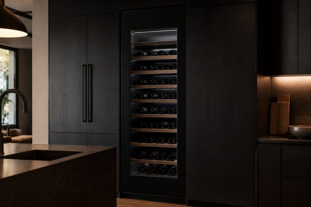 A built-in wine column with a dark glass door in dark cabinetry, bottles lying on wooden shelves behind the glass and lit softly from inside.