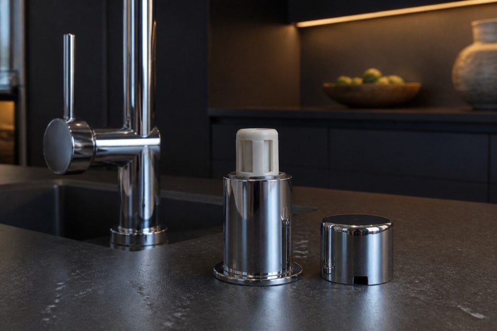 A small chrome air gap cylinder standing on a dark stone worktop beside a tap, its cover lifted off and resting next to it.