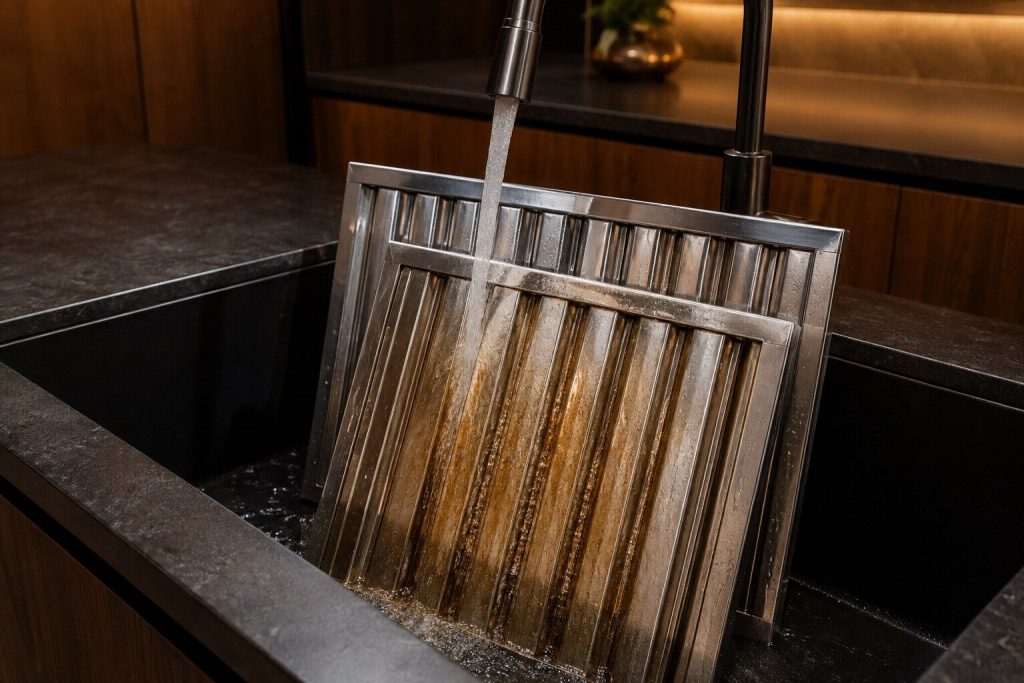 Two steel baffle filters standing in a deep kitchen sink under running water, grease visible in the channels of the nearer one.