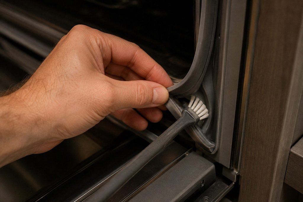 A soft brush held against the open fold of a grey appliance door gasket, the fold pulled apart by a finger and thumb, close and shallow in warm light.