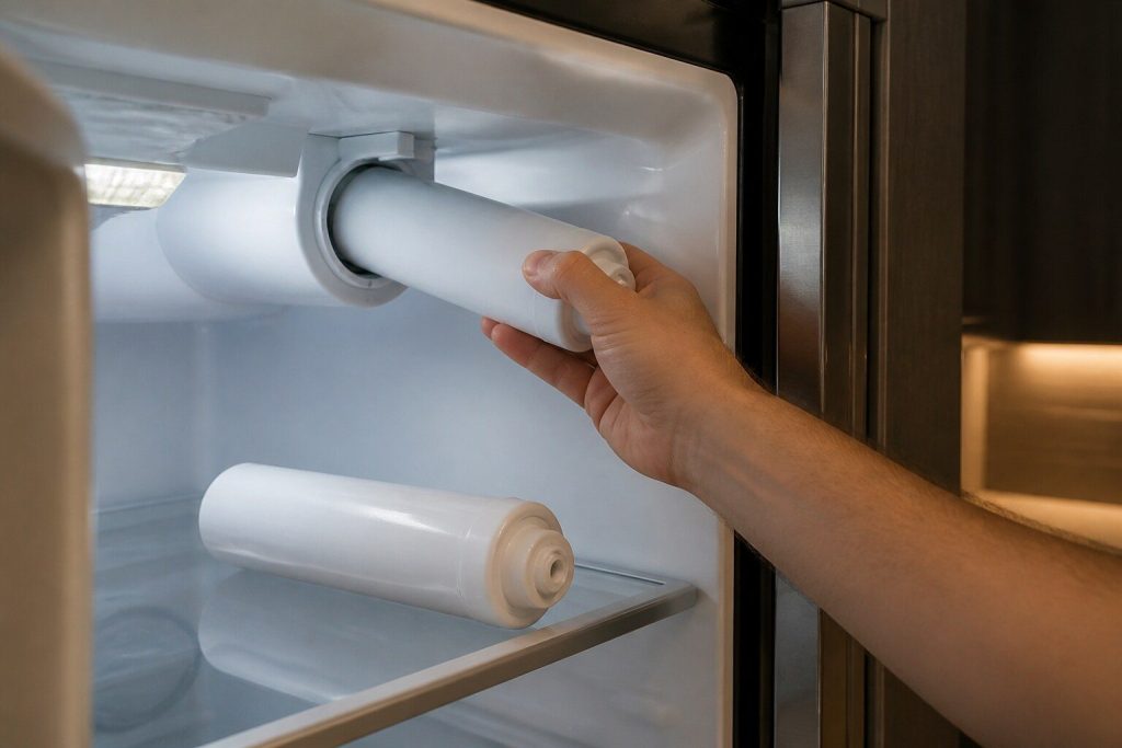 A hand pushing a plain cylindrical filter cartridge into its housing inside a lit refrigerator compartment, the old cartridge lying on the shelf below.