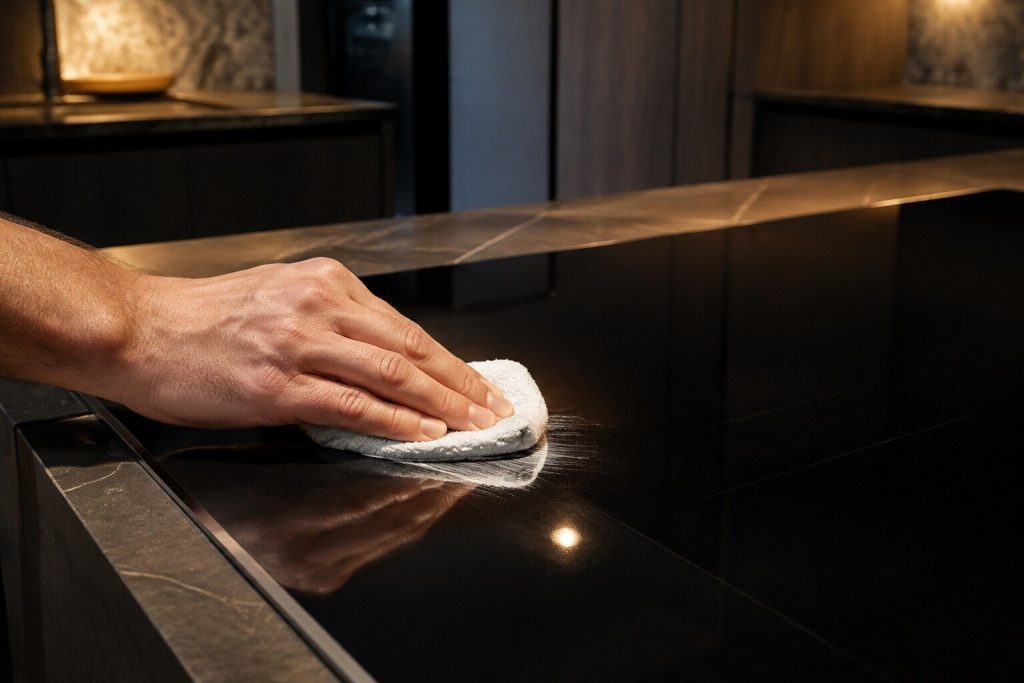 A soft pad wiping a small amount of white cream cleaner across a dark induction glass surface, the cleaned area reflecting a warm ceiling light.