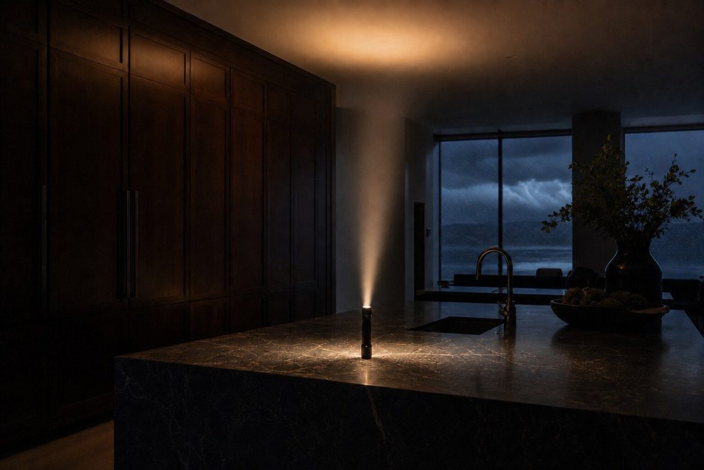 A dark kitchen lit only by a torch standing on its end on the island, the beam on the ceiling and the tall cabinetry in silhouette.