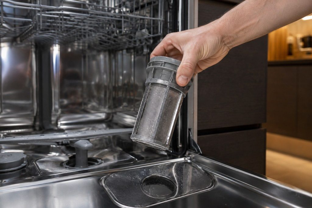 A hand holding the cylindrical dishwasher filter just lifted out of the tub, the flat mesh screen still visible in the tub floor below.