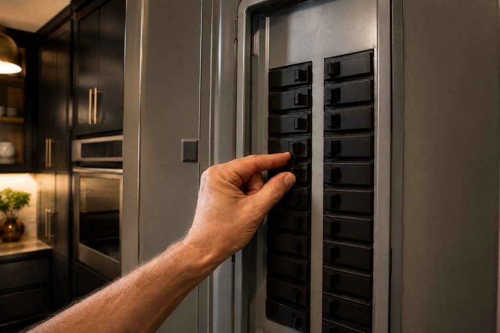 A hand switching a single breaker in an open domestic electrical panel, the other breakers in rows around it.