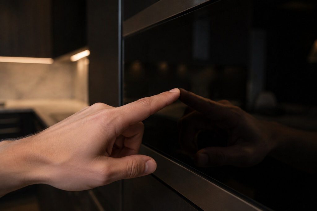 A fingertip resting on a dark glass touch control surface in a low-lit kitchen, a faint reflection of the room in the glass.