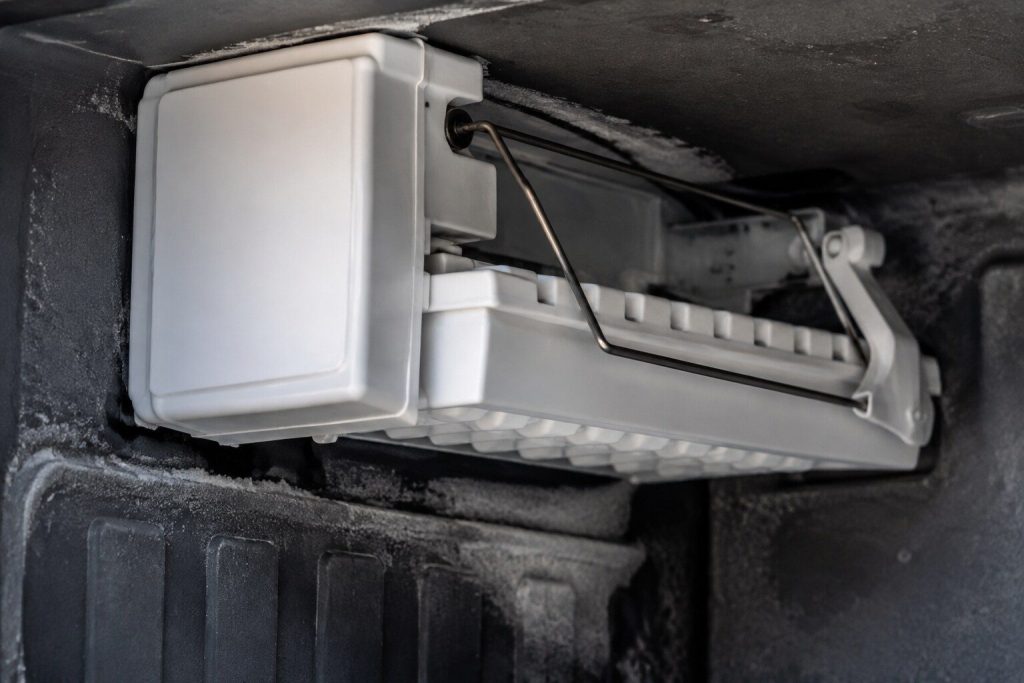 An ice maker module mounted in the upper corner of a freezer compartment, its tray and harvest arm visible, cold light from the compartment.