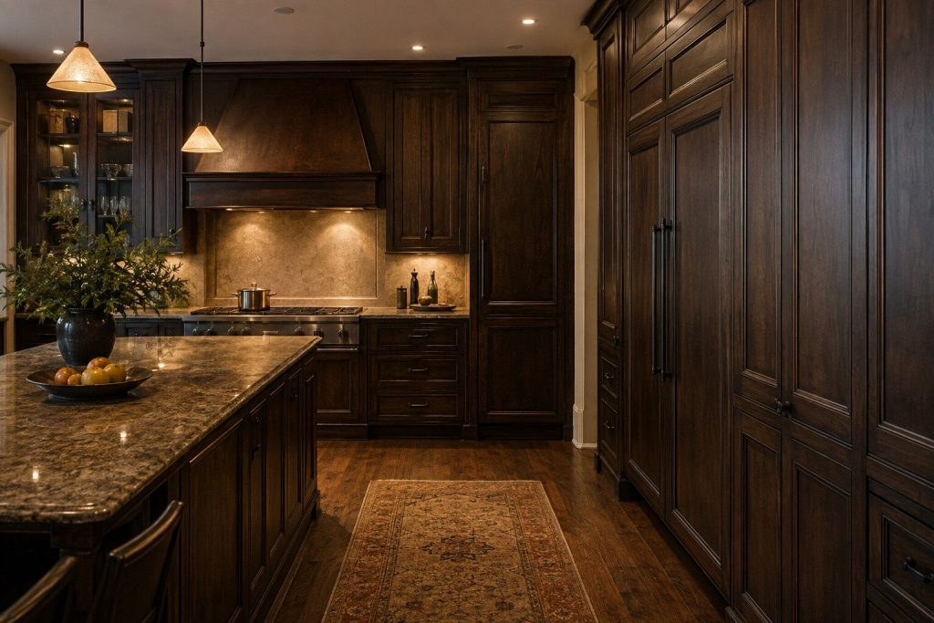 A wide view of a dark, well-kept older luxury kitchen in warm evening light, timber cabinetry with a patina, a professional range and tall integrated doors, everything closed.