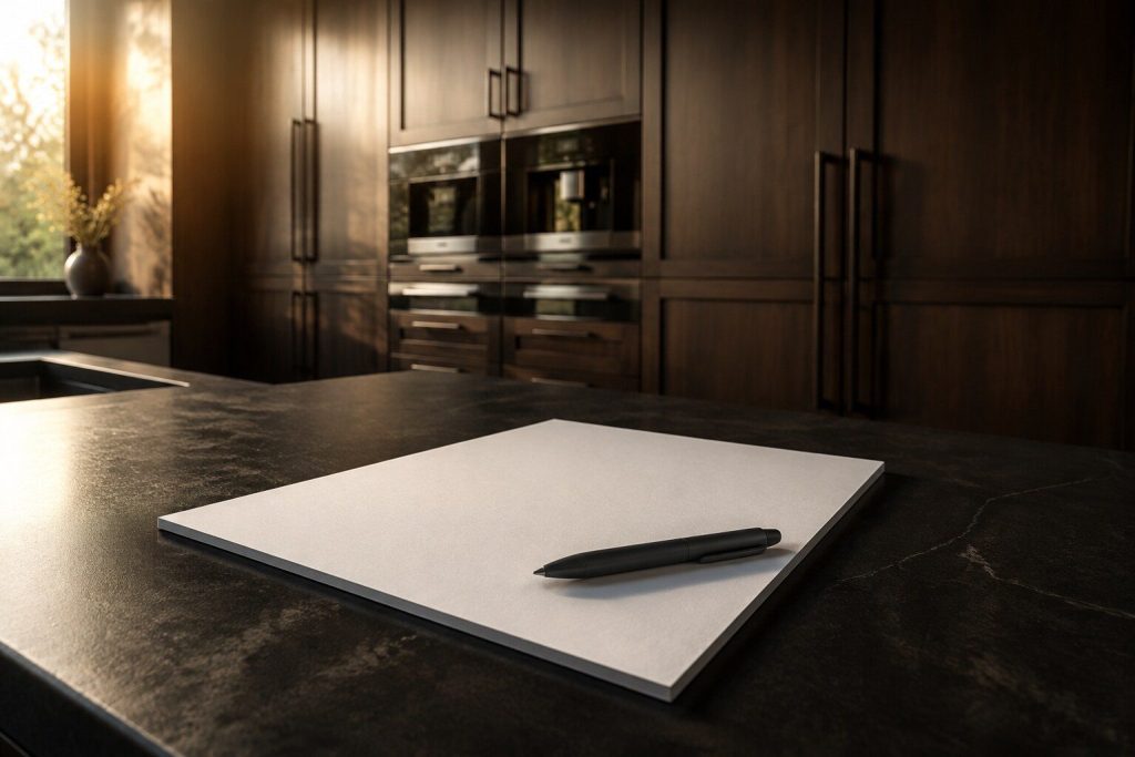 A dark kitchen worktop in warm morning light with a blank paper calendar page and a pen lying on it, tall integrated cabinetry out of focus behind.
