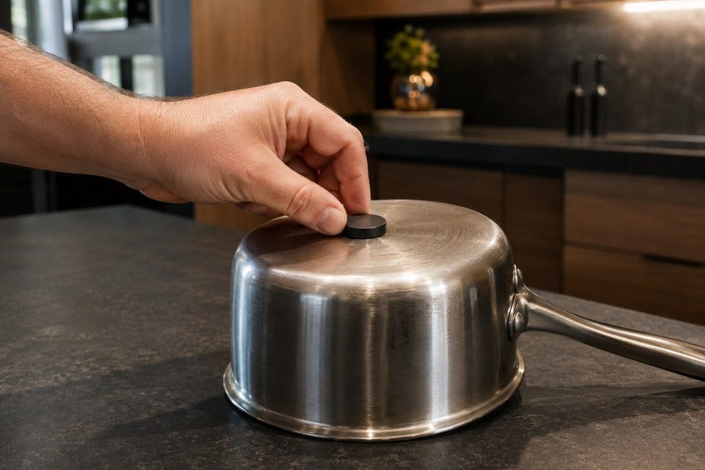 A hand holding a small magnet against the flat base of an upturned saucepan on a dark worktop, the magnet clinging to the steel.