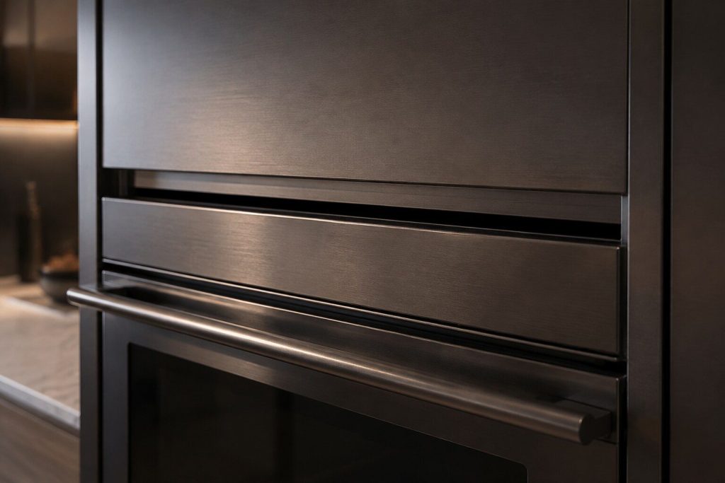 The vent slot above the door of a built-in wall oven seen close in a dark kitchen, warm light raking across the steel.