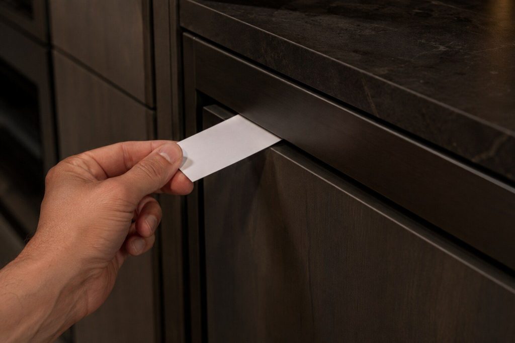 A blank strip of paper held between finger and thumb, half of it trapped in the closed edge of a large appliance door in a dark kitchen.