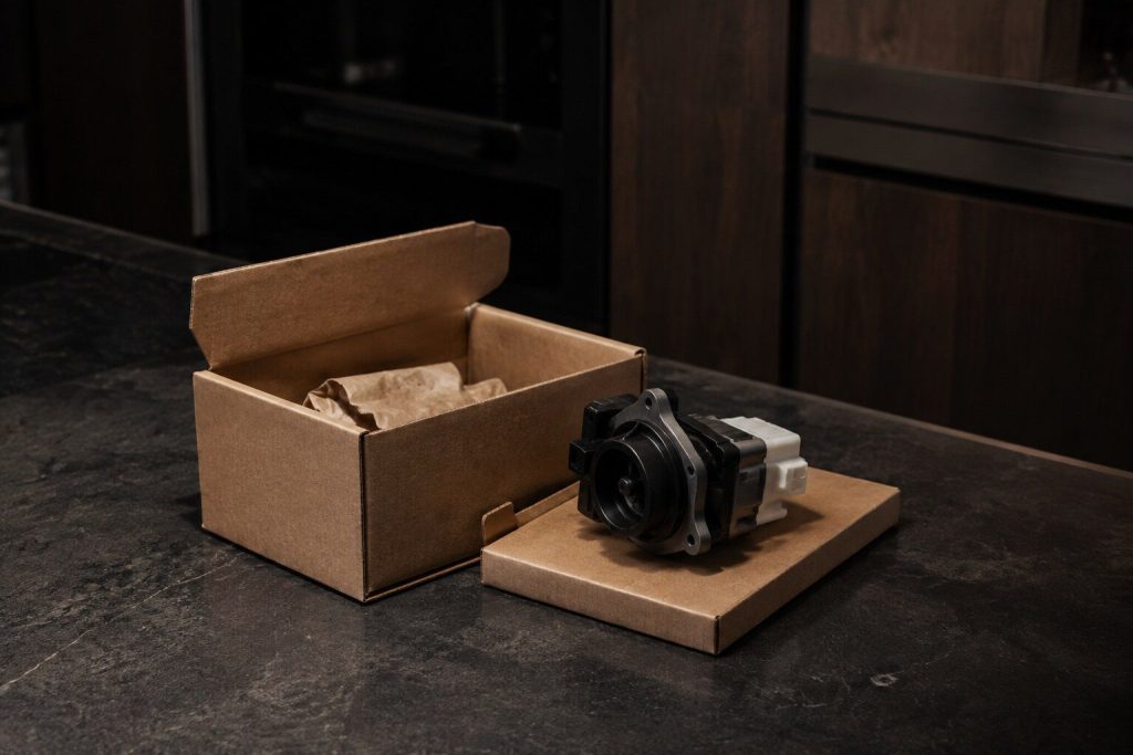A small plain cardboard part box open on a dark stone worktop with an unbranded replacement component resting on its lid beside it, warm low light and deep shadow behind.