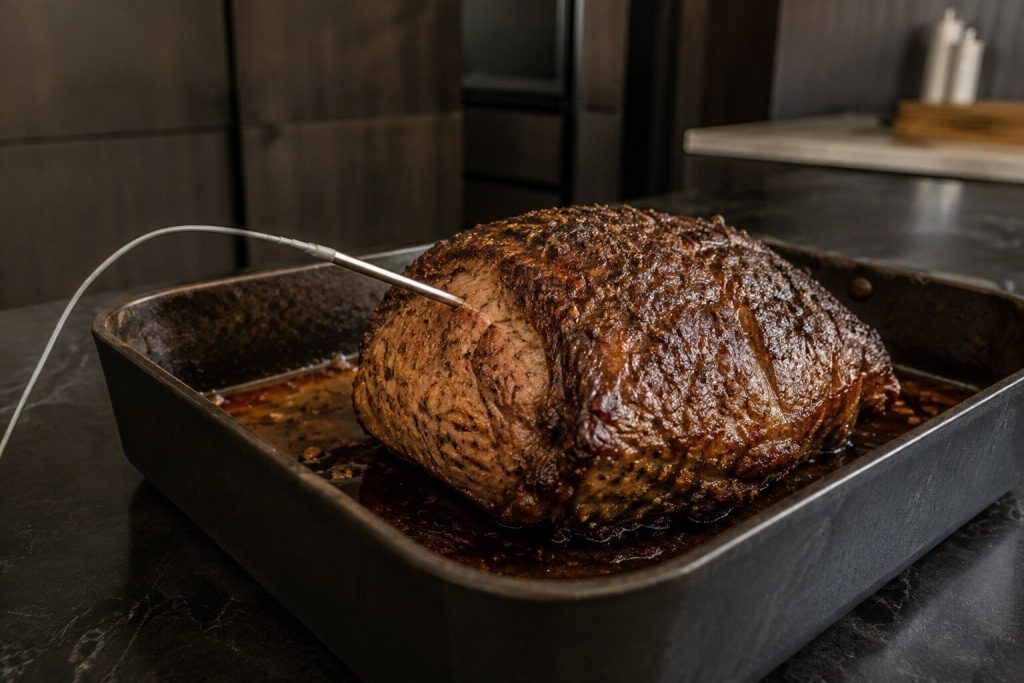 A metal temperature probe on a thin lead pushed into the thickest part of a roast resting in a pan, seen close in warm kitchen light.