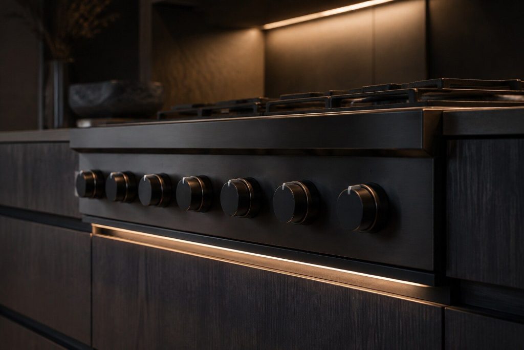 The control fascia area of a professional range in a dark kitchen with a soft strip of warm light running beneath it, the knobs in silhouette.