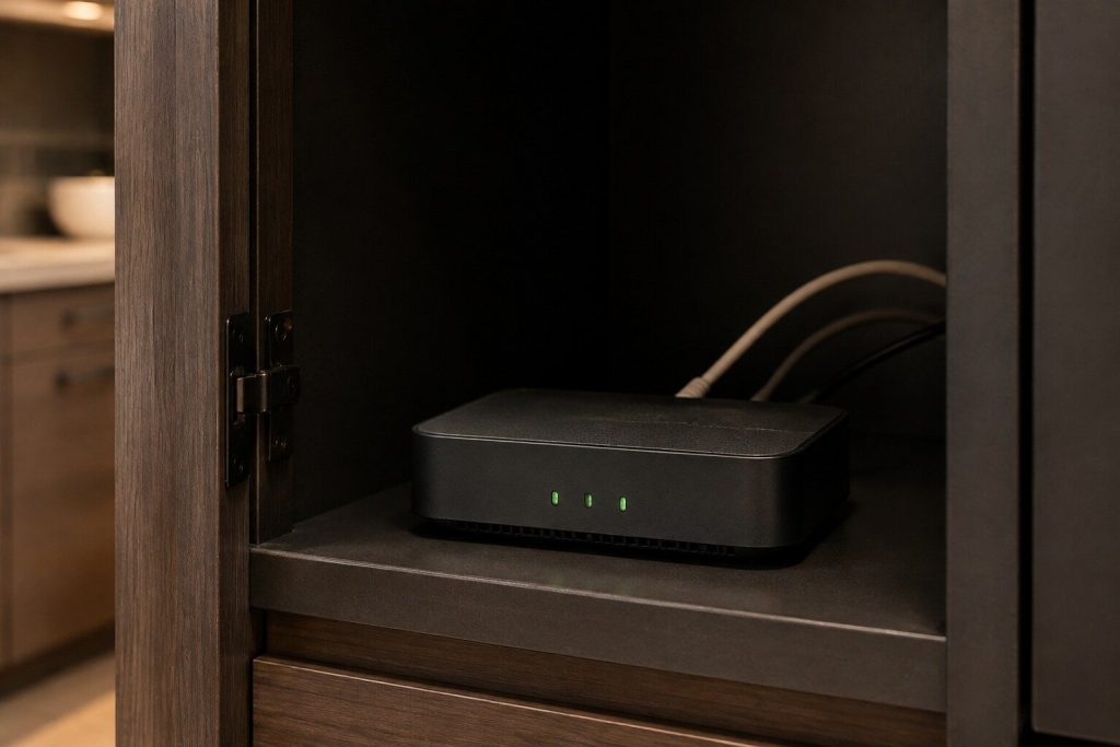 A small domestic wireless router standing on a shelf inside a cabinet, its indicator lamps glowing green in the dark, cables running behind it out of frame.