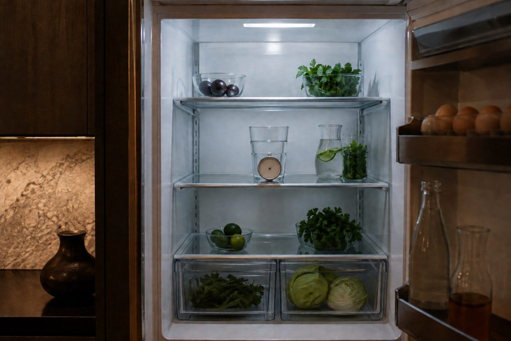 A small dial thermometer standing in a glass of water on the middle shelf of a lit refrigerator, photographed straight on through the open door.