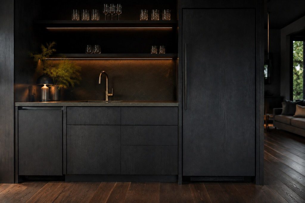 A dark bar run with an undercounter ice machine door on the left and a tall integrated refrigerator door on the right, both closed, warm bar light.