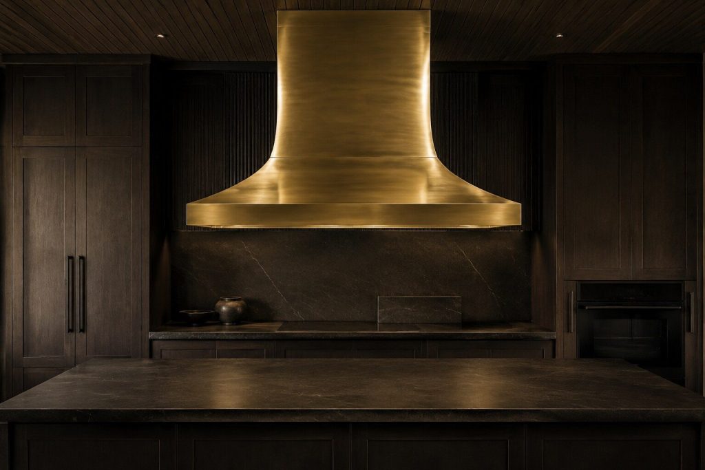 A brass-finished chimney hood hanging over a dark stone island in a low-lit kitchen, canopy and chimney reading as one continuous polished shape, nothing on the worktop beneath it.