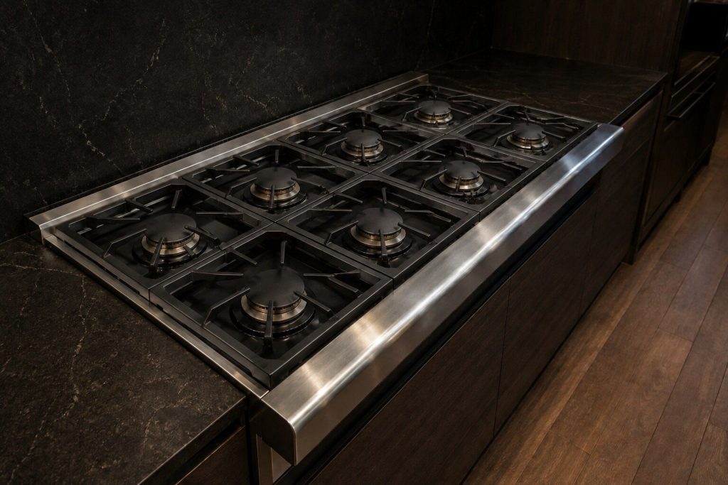 Looking down the length of an all-gas professional cooking deck from above and slightly to one side: eight sealed burners under heavy continuous cast grates, the polished steel bullnose at the near edge, a dark stone counter running away past it into shadow.