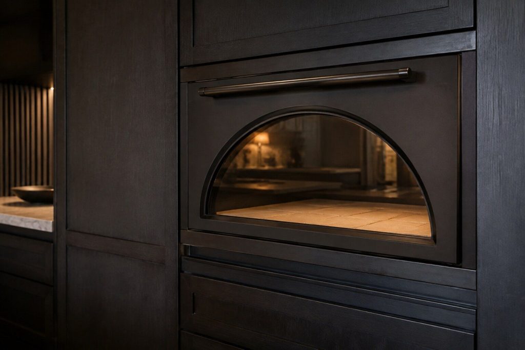 A built-in indoor hearth oven closed in a dark cabinet run, its arched door glass reflecting a warm low light, the pale stone floor of the cavity just visible through the glass.