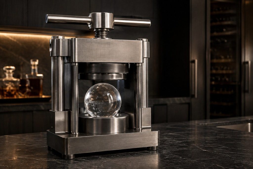 A heavy machined metal ice press standing on a dark stone bar top with a single large clear ice sphere shaped in the cradle beneath it, warm low light from one side and deep shadow behind.