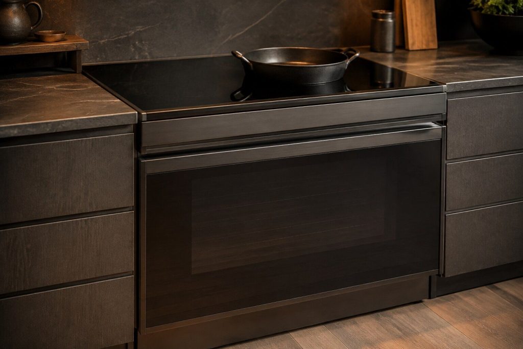 A professional range with a seamless black glass induction top set into a dark kitchen run, a single tall oven door below and a plain control rail across the front, one heavy pan standing on the glass.