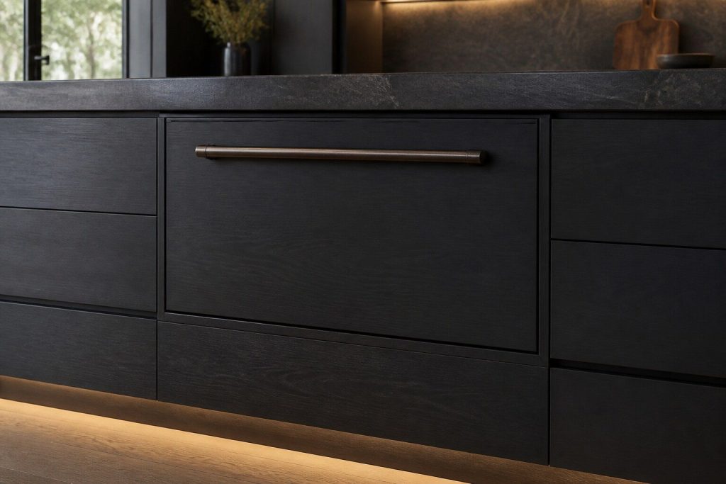 A microwave drawer closed flush in the dark cabinetry of a kitchen island, only its long handle and a thin shadow line marking where it sits, dark stone worktop above and warm low light along the run.