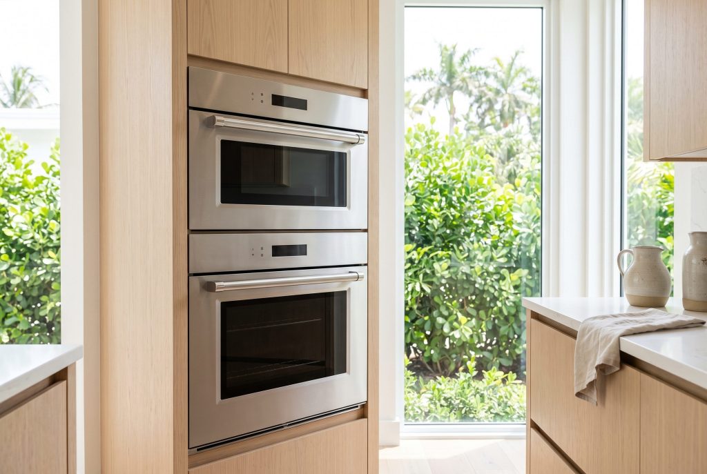 A stainless double oven stack in a pale oak column beside a window full of green foliage, both doors closed