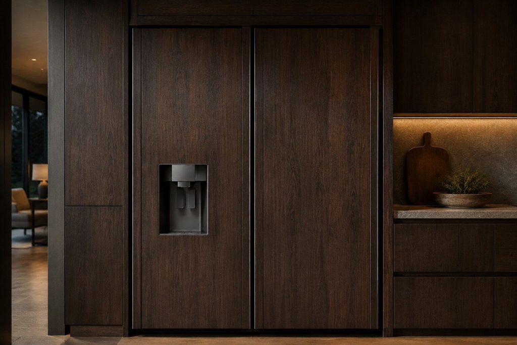 A pair of tall panel-ready refrigeration columns clad in dark timber to match the run, the left door carrying a recessed water and ice dispenser alcove, warm low light raking across the timber.
