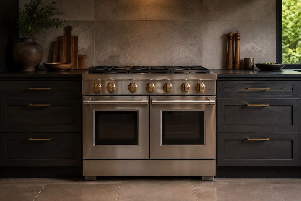 A professional stainless range standing in a run of dark cabinetry, sealed gas burners across its top and two heavy oven doors below, a row of brass-toned control knobs along the front rail, photographed straight on in warm low light.
