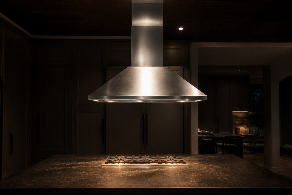 A tapered pyramid-shaped stainless chimney hood suspended over a dark stone kitchen island, its chimney rising to the ceiling, the room around it in deep shadow and a single warm light on the worktop.