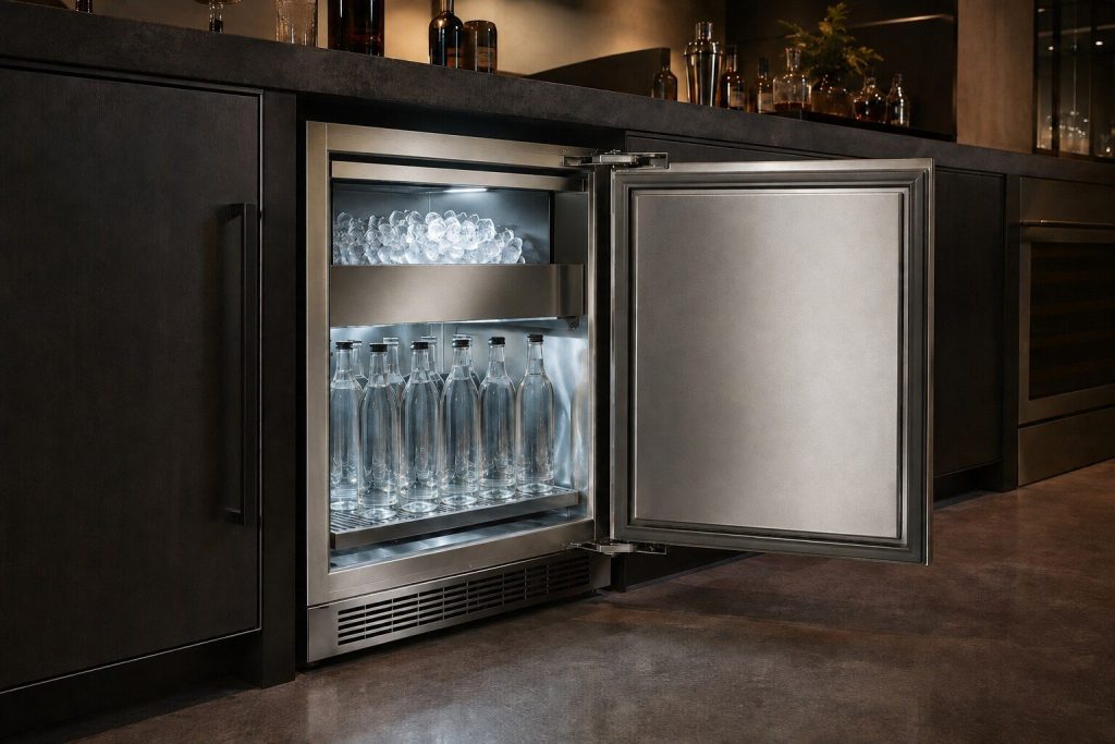 A stainless undercounter bar refrigerator standing open beneath a dark stone bar top, a small ice compartment at the top of the cabinet holding clear cubes and glass bottles standing on the shelf below, cool interior light against a dark room.