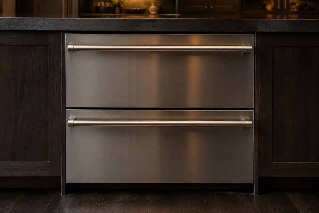 Two stainless refrigerated drawers stacked one above the other under a dark stone worktop, both closed, long full-width handles catching a low warm light, dark timber cabinetry either side and a dark floor below.
