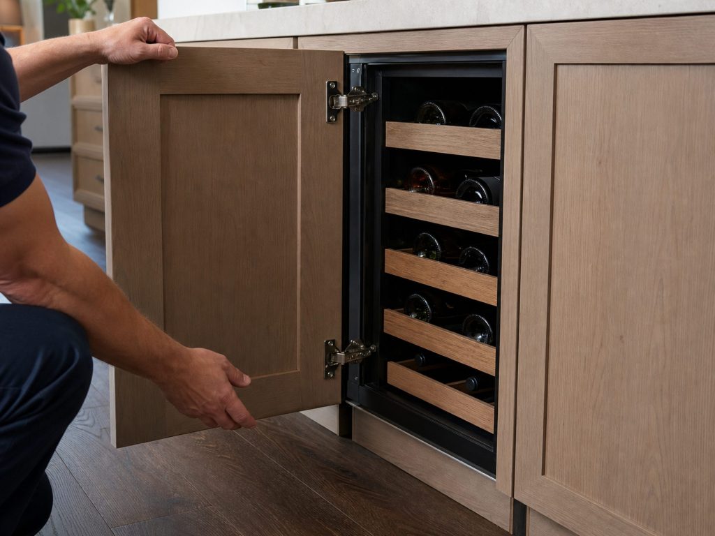 A panel-ready undercounter wine cellar hinged on the right so the door opens to the left, wood-front racks visible in the gap.