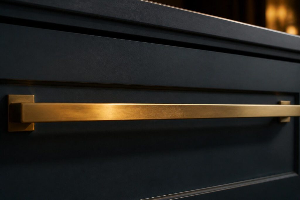 A close detail of a heavy solid brass appliance handle spanning the full width of a dark cabinet door, photographed at a shallow angle in warm low light so the metal catches a long highlight.