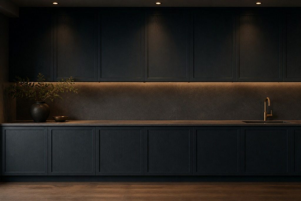 A long run of dark flush kitchen cabinetry photographed straight on in warm low light, unbroken and closed, with a stone worktop and a brass tap at one end.