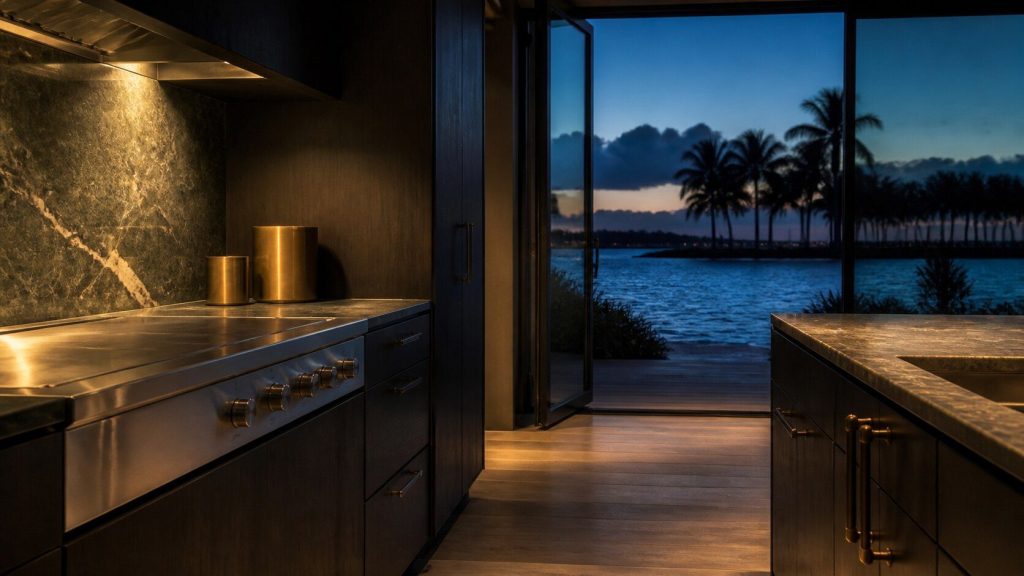 The corner of a dark luxury kitchen at dusk with open glass doors beyond it looking out to water and palms, warm interior light against blue evening outside.