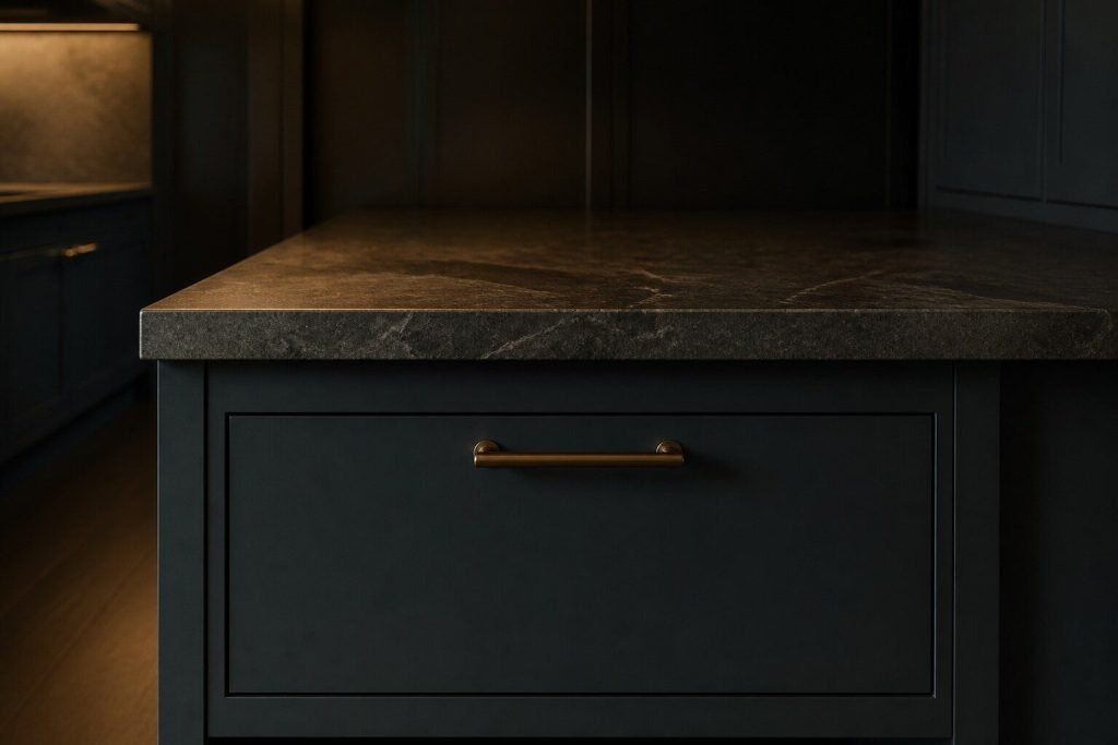 The end of a dark kitchen island in warm low light, stone top, one closed undercounter drawer front visible below it.